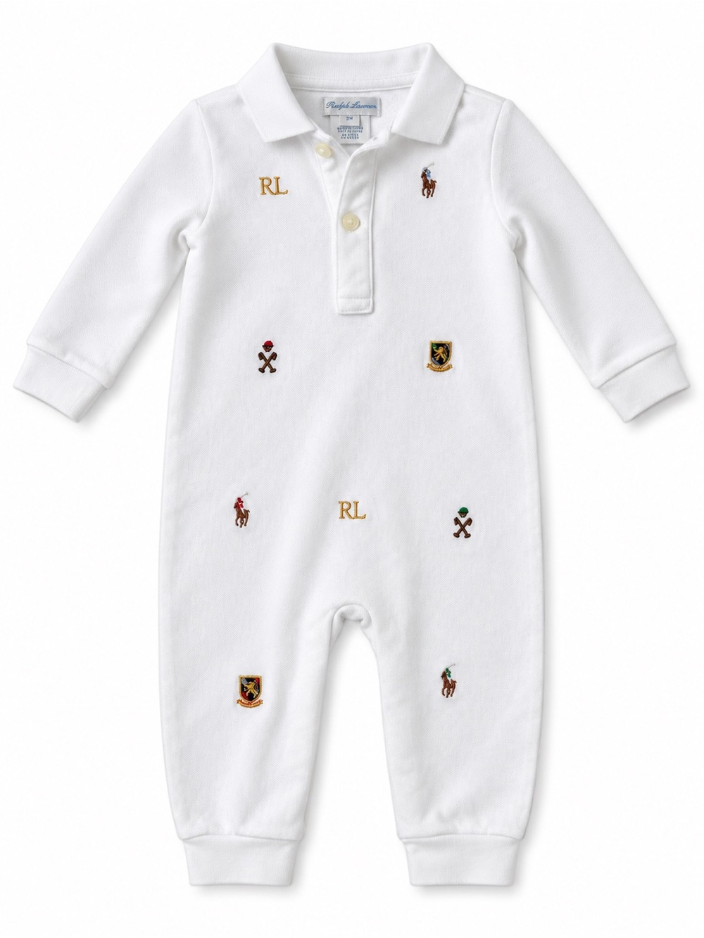 Ralph Lauren White Polo-Style Embroidered Baby One-Piece